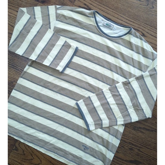 Vintage Guess Jeans Co Beige Striped Longsleeve Tshirt Size Mens L Y2K Grunge - Picture 1 of 10